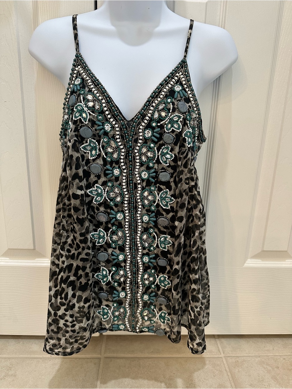 Boston Proper Black and Teal Beaded Leopard-Print Cami